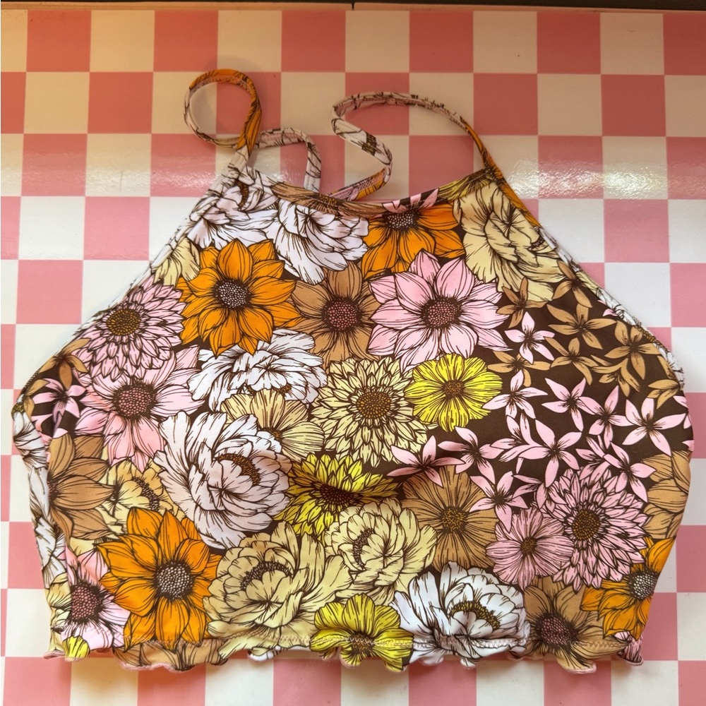 Pink & Brown Floral Swim Halter Top